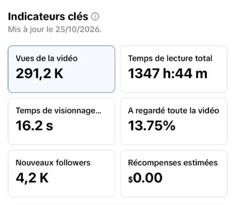 Statistiques : 291,2 K vues de la vidéo, 1347 h 44 min de lecture, 13,75 % ont regardé toute la vidéo, 4,2 K nouveaux followers